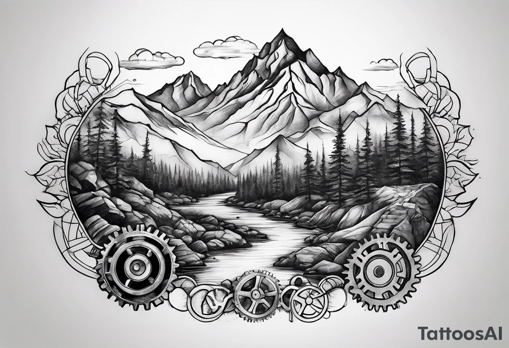 gears, mountains , streams/ rivers tattoo idea
