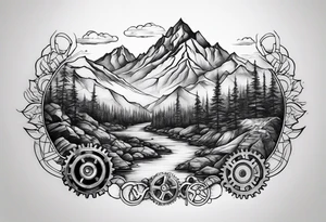gears, mountains , streams/ rivers tattoo idea