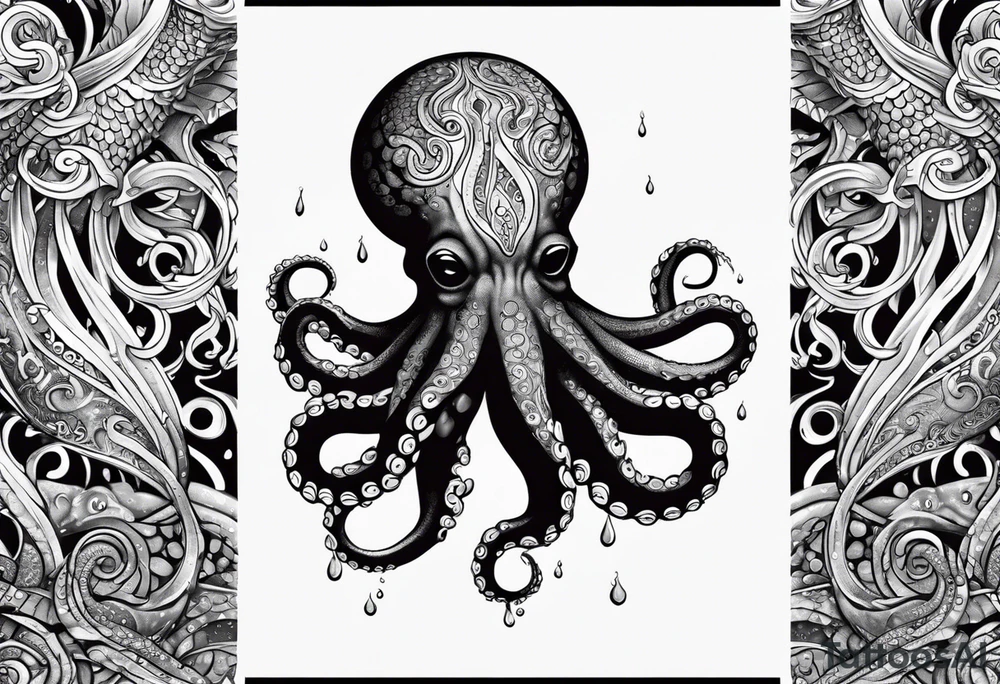 Tribal half sleeve. octopus surrounded by ribbons of water waves filled with fish. the octopus has no eyes. Use thick lines only with less detail. tattoo idea