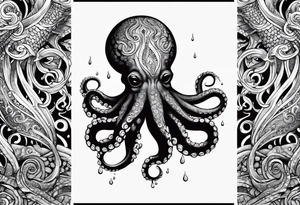 Tribal half sleeve. octopus surrounded by ribbons of water waves filled with fish. the octopus has no eyes. Use thick lines only with less detail. tattoo idea