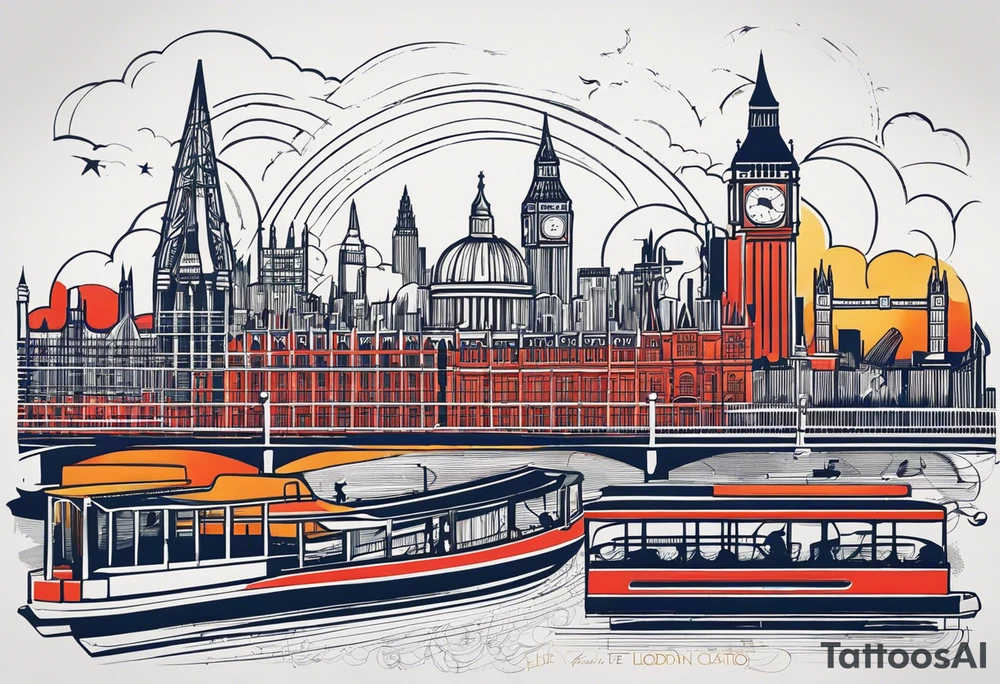 A minimalistic, abstract design capturing the architectural essence and vibe of London. Key elements of London’s skyline and structure are hinted at with clean lines, and subtle detailing includes personal touches, like a nod to Feid’s signature look (hat, glasses, mustache), integrated discreetly to honor a memorable concert experience. tattoo idea