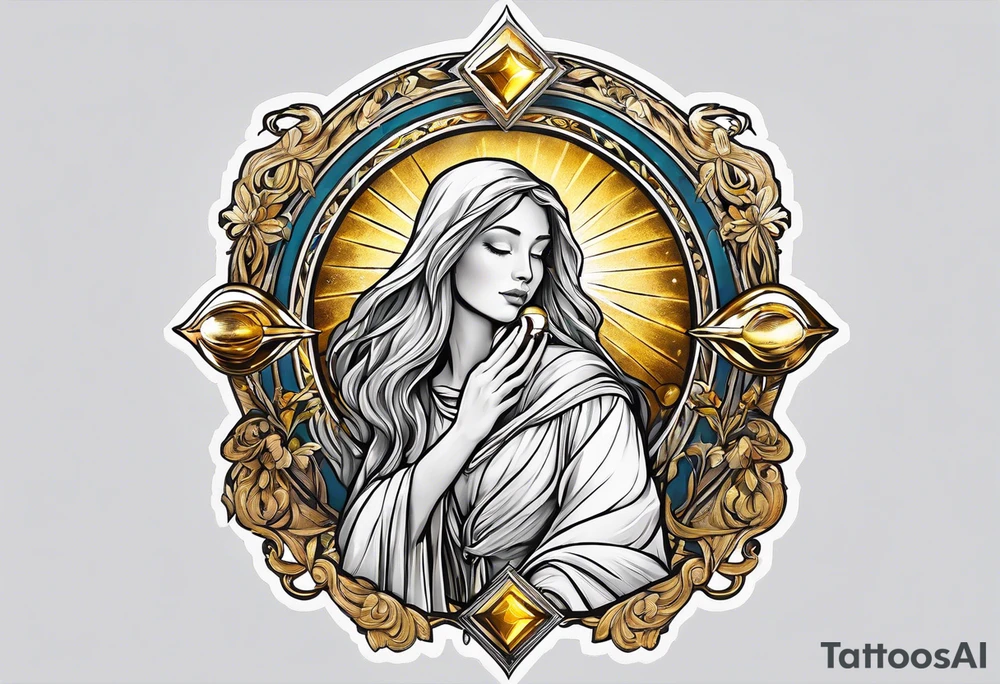 holy saint woman turned away with golden halo holding a chalice tattoo idea