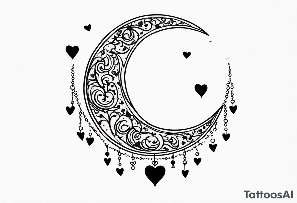 Crescent moon with hearts dangling from the bottom of it tattoo idea