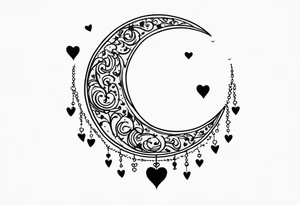 Crescent moon with hearts dangling from the bottom of it tattoo idea