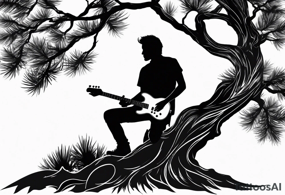 silhouette of a man sitting on a pine tree branch, playing electric guitar tattoo idea