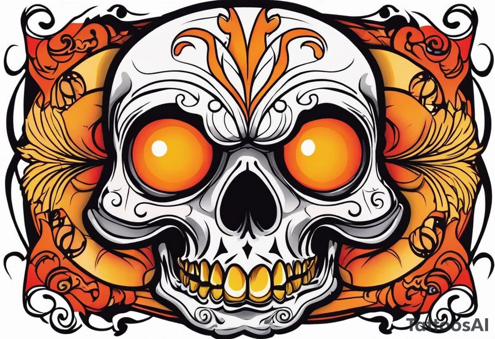 Scary skull that is red and orange tattoo idea