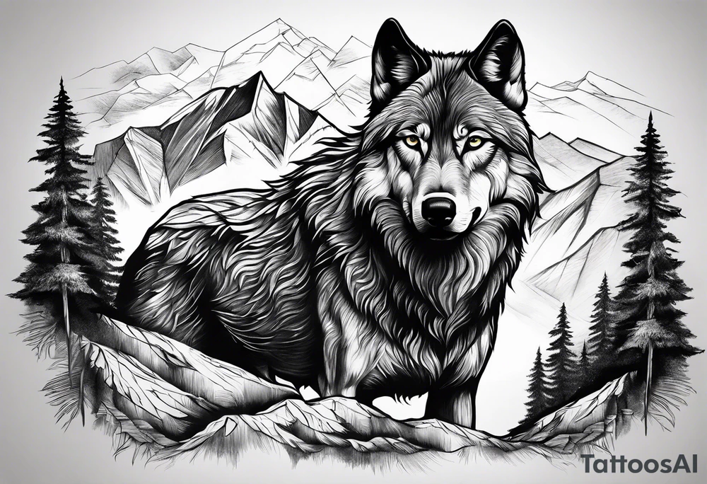 Mountains, wolf in it tattoo idea