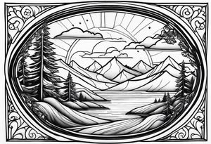 a rhombus shaped window with waves crashing on a mountain and tress. 3 stars are in the sky tattoo idea