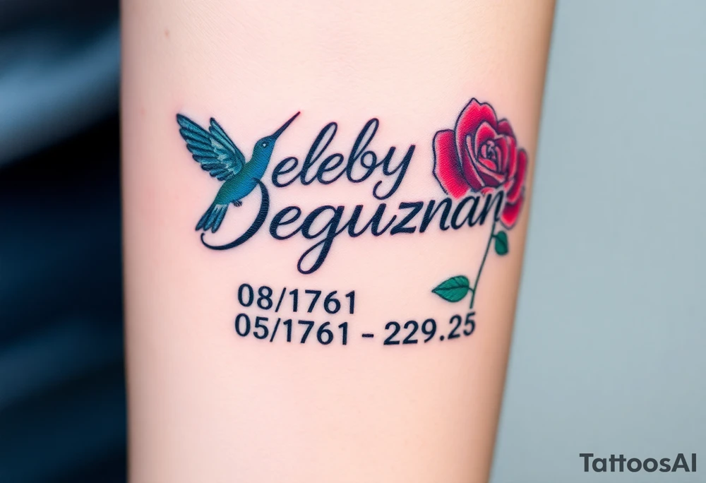 Tattoo of the name Debby Deguzman in chunky bold curly cursive with the exact dates of 08/17/61-05/29/25 surrounded by 1 hummingbird and 1 rose tattoo idea