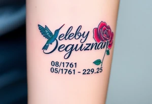 Tattoo of the name Debby Deguzman in chunky bold curly cursive with the exact dates of 08/17/61-05/29/25 surrounded by 1 hummingbird and 1 rose tattoo idea