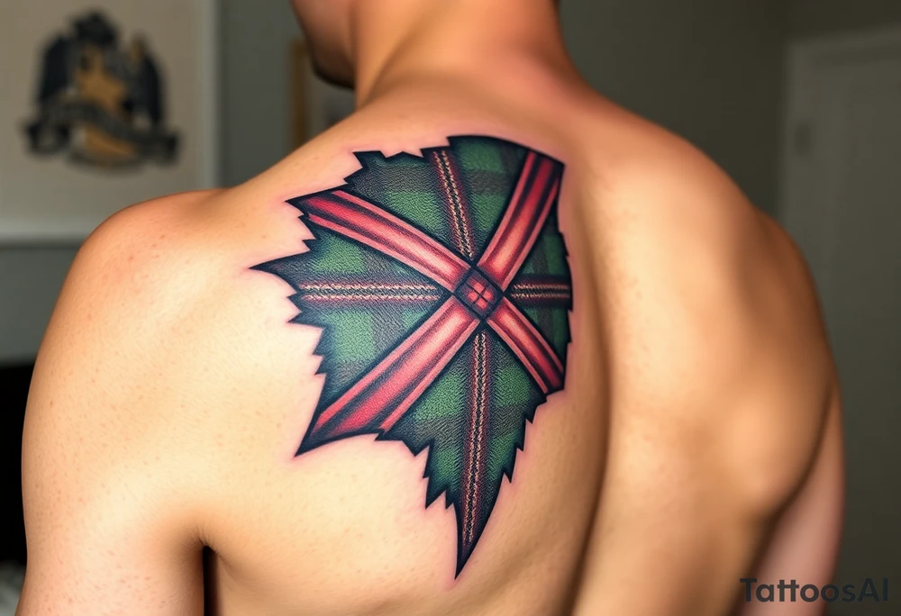 Scotland the brave tartan on left shoulder with skin peeling back to reveal tartan underneath tattoo idea