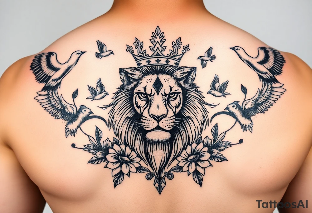 powerful majestic lion with a crown, surrounded by floral ornaments and birds tattoo idea