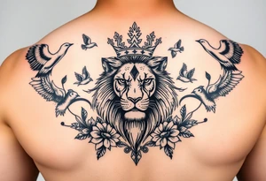 powerful majestic lion with a crown, surrounded by floral ornaments and birds tattoo idea