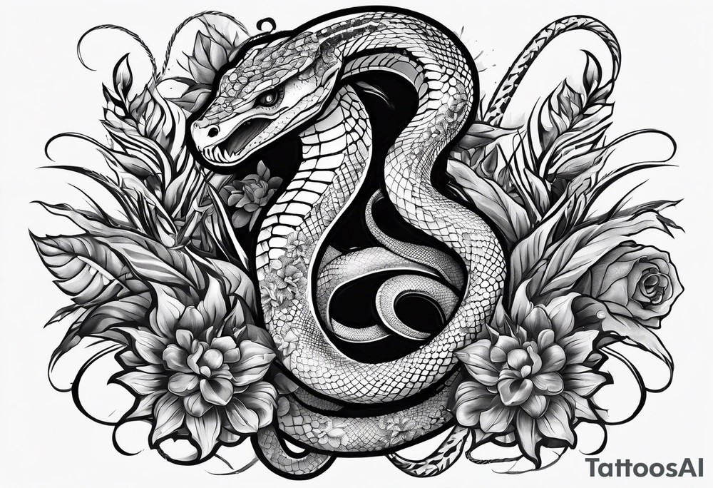 sleeve tattoo with a snake, gun, weed symbol that says HYDRA tattoo idea