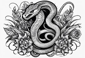 sleeve tattoo with a snake, gun, weed symbol that says HYDRA tattoo idea