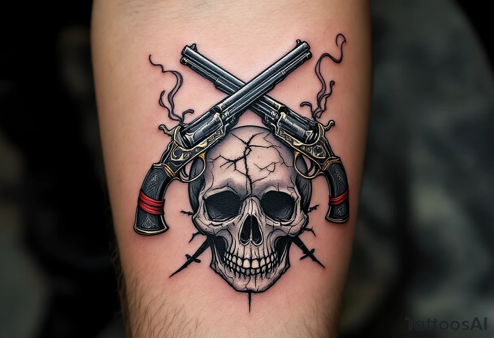 Crossed Flintlocks – Two ornate black and silver flintlock pistols, crossed over a cracked pirate skull, with wisps of gunpowder smoke curling from the barrels. A red sash is tied around one grip, hinting at a pirate’s last stand. tattoo idea