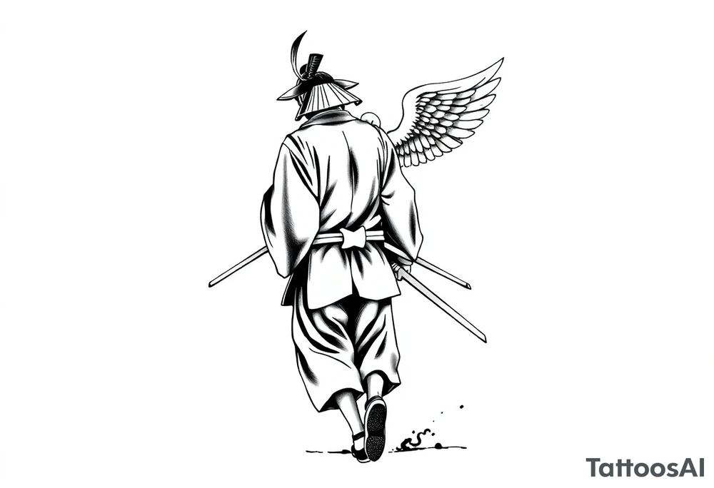 A blackwork tattoo depicting a samurai walking forward from behind. The samurai is dressed in a traditional kimono and hakama, holding two long katanas in a relaxed yet combat-ready stance. A small angel with detailed feathered wings is pushing him from behind. Strong contrast, dynamic ink splashes, sumi-e brushstrokes, a minimalist white background, dramatic lighting, an emotional and symbolic composition, and highly detailed linework. tattoo idea