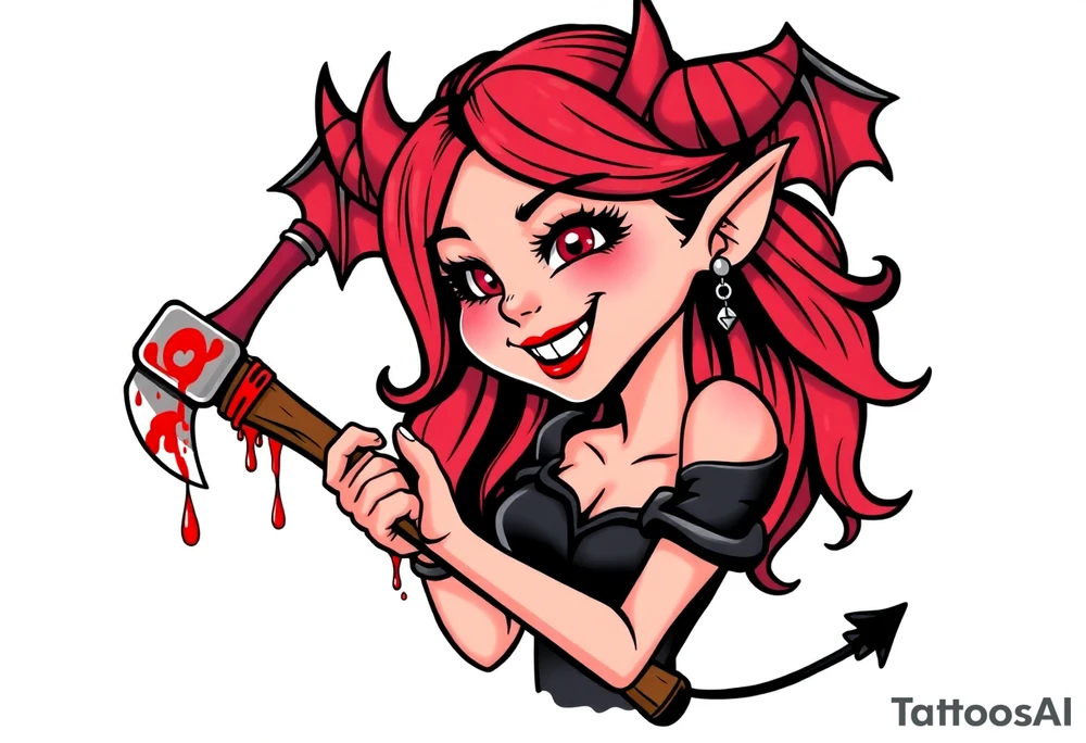 Pinup demon girl smiling while holding a bloody hatchet tattoo idea