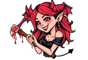 Pinup demon girl smiling while holding a bloody hatchet tattoo idea