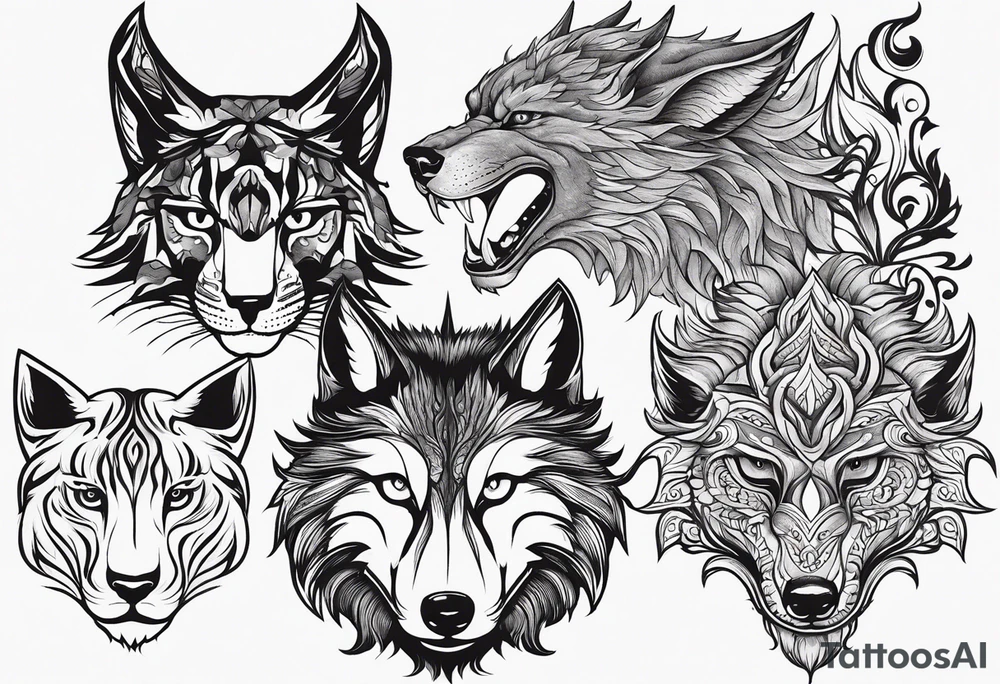 three animal heads merged: 

1. A chinese dragons head (on the left)
2. A Feline cats head(in the middle)
3. A Wolves Head (on the right) tattoo idea