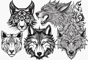 three animal heads merged: 

1. A chinese dragons head (on the left)
2. A Feline cats head(in the middle)
3. A Wolves Head (on the right) tattoo idea