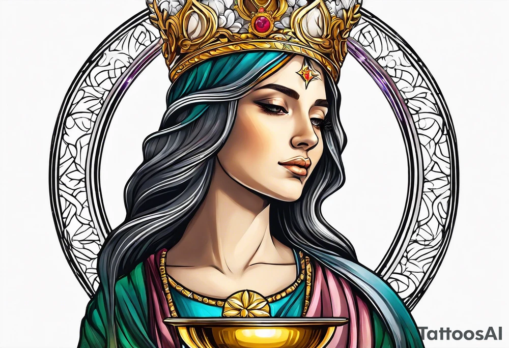 holy saint woman with golden halo holding a chalice tattoo idea
