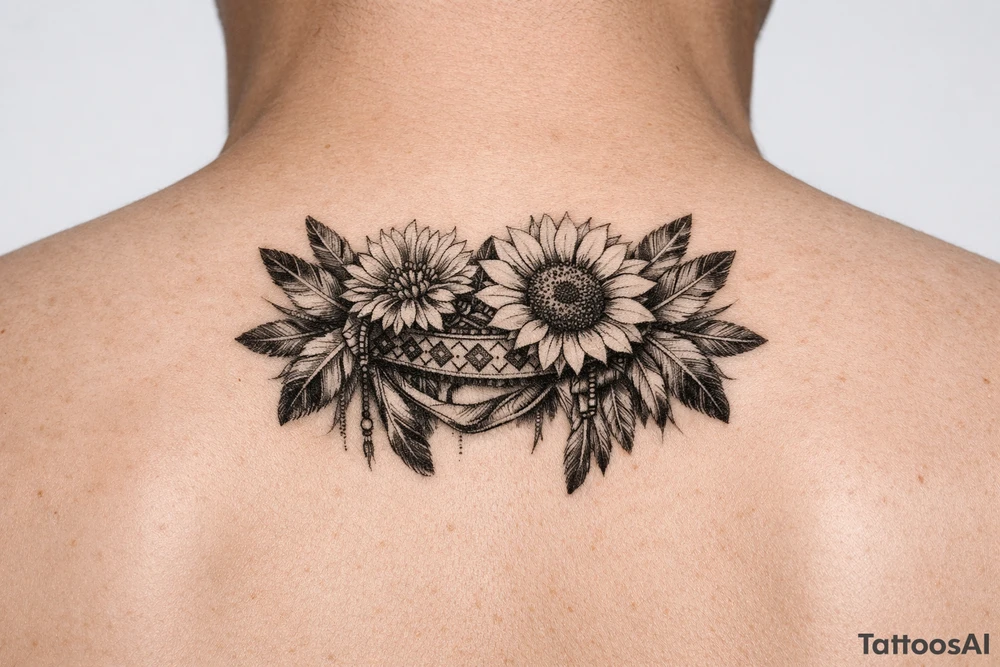 Cornflower and sunflower with feathers and female Indian headband ribboned through tattoo idea