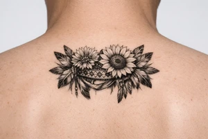 Cornflower and sunflower with feathers and female Indian headband ribboned through tattoo idea