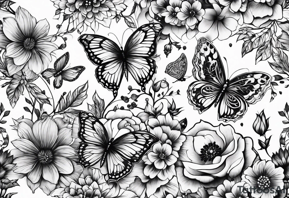 lace feminine full arm sleeve
with butterflies and flowers tattoo idea