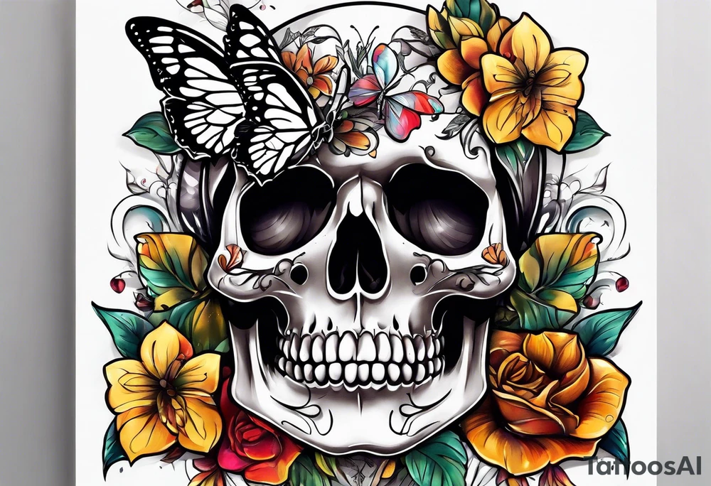 pretty skull tattoo with butterfly and flowers on tights tattoo idea