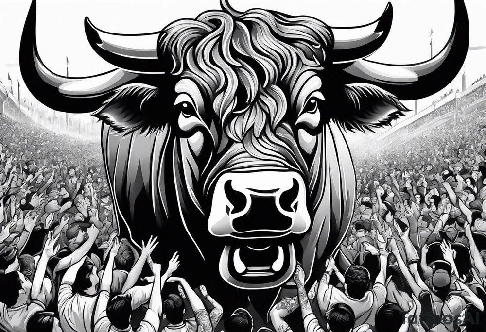 Large bull with horns busting through crowd of people tattoo idea