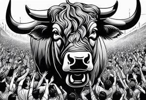 Large bull with horns busting through crowd of people tattoo idea