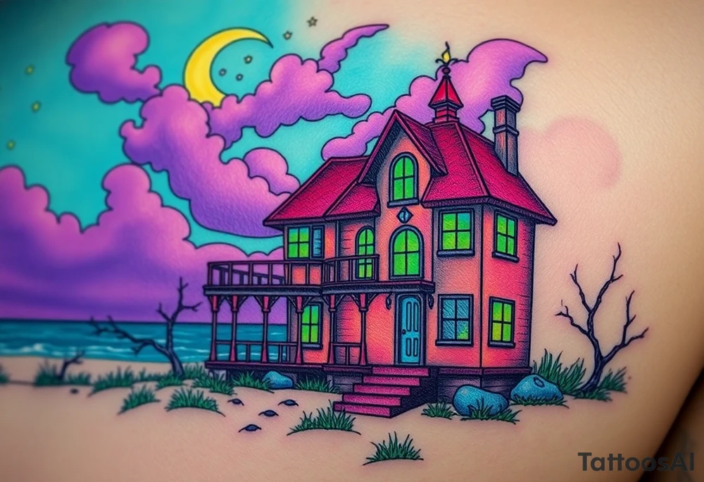 Tim Burton’s haunted pastel beach home is abandoned and dripping with muted reds, dusty pinks, and eerie green glow.purple and cyan smokey clouds swirl in the crescent moonlit sky thats sprinkled with stars tattoo idea tattoo idea