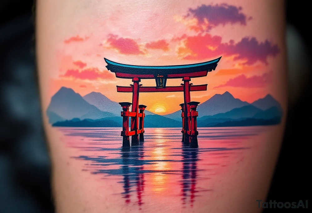 A red torii gate standing in shallow blue water under a pink and orange sunset sky. tattoo idea