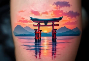 A red torii gate standing in shallow blue water under a pink and orange sunset sky. tattoo idea