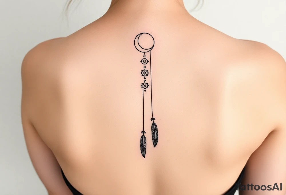 Narrow vertical memorial chain of symbols made of a moon, galaxy inspired symbols symbolizing loss, a brother and sister bond, and strength in a boho style following down the spine in with 3 vertical different lengths flowing lines made of a discreet connection of morse code ".--- .- --.     .-.. ... -.- .- .-.   -.. .. --.     .-.. .. .-.. .-.. . -... .-. --- .-. forming 3 arrow shapes connected to 3 flowing feathers hanging from the end of the morse code lines tattoo idea