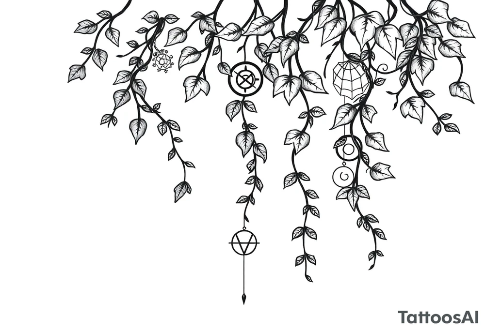 Ivy. Vines with wiccan symbols and zodiac signs tattoo idea