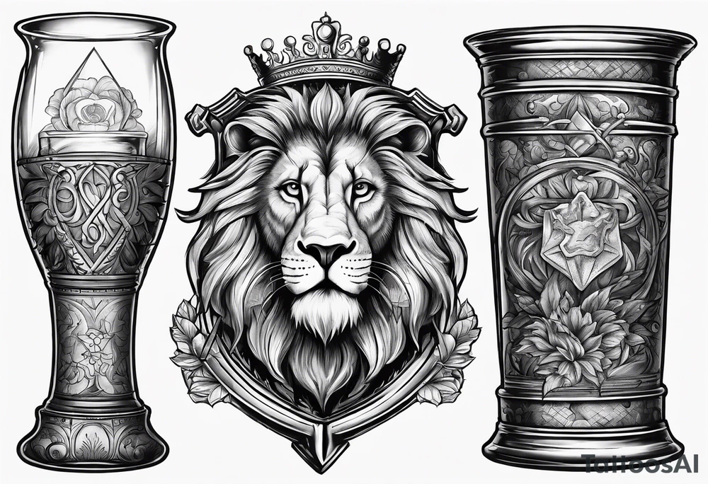 Classic heraldry lion holding a sword and a science beaker tattoo idea