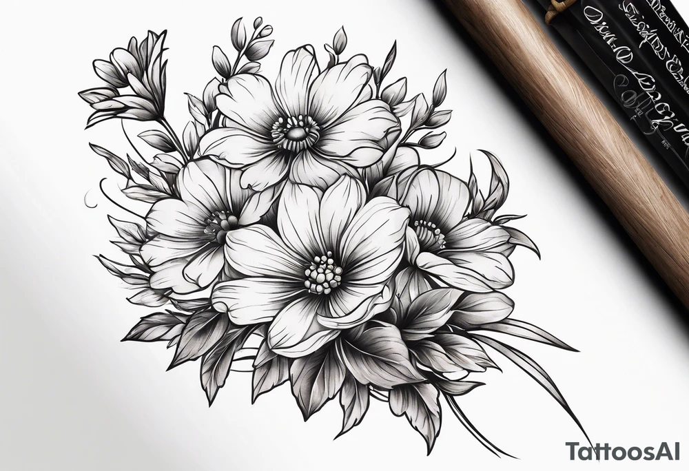 small long stem wildflower bouquet across foot tattoo idea