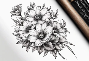 small long stem wildflower bouquet across foot tattoo idea