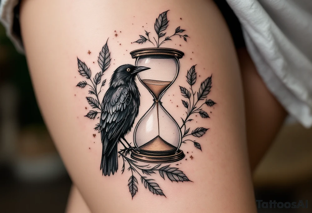 Crow and Hourglass – A crow perched on a tipped hourglass, with sand falling into feathers. Monochrome with accents of dusty gold and shadowy browns. tattoo idea