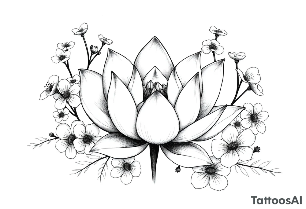 Lotus flower surrounded by forget me nots and peonies tattoo idea