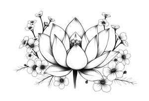Lotus flower surrounded by forget me nots and peonies tattoo idea