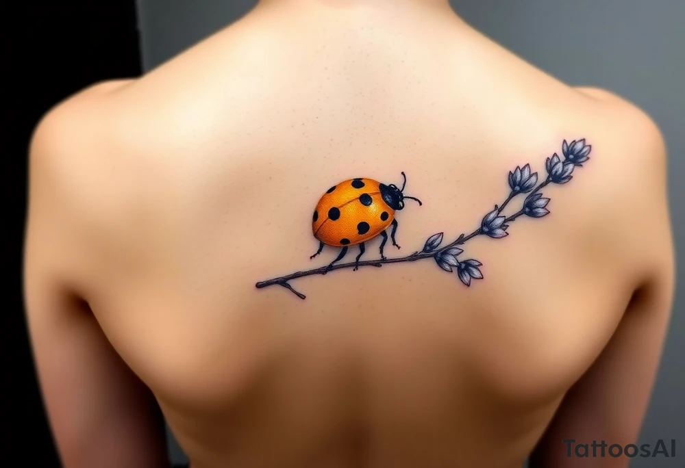 Golden or yellow ladybug on a lavender branch tattoo idea
