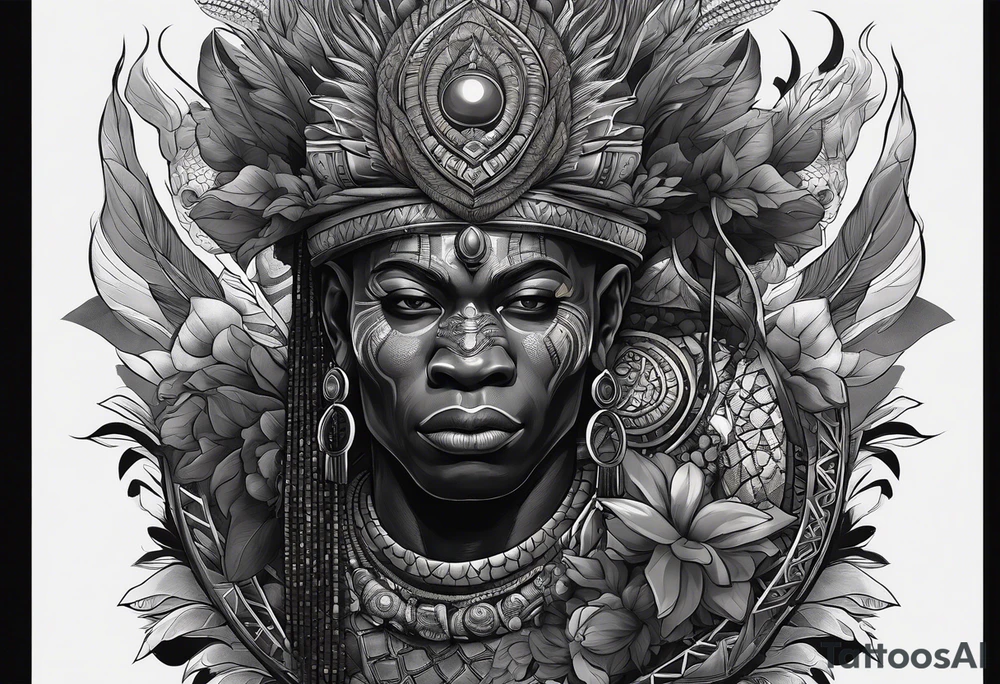 homem guerreiro Ogun africano realista de corpo inteiro em preto e cinza com fudo savana tattoo idea