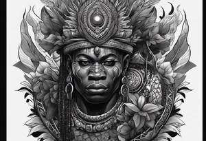 homem guerreiro Ogun africano realista de corpo inteiro em preto e cinza com fudo savana tattoo idea