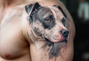 Watercolor pitbull portrait, soft washes of gray, blue, and brown, with expressive brush strokes highlighting the dog’s emotion. tattoo idea