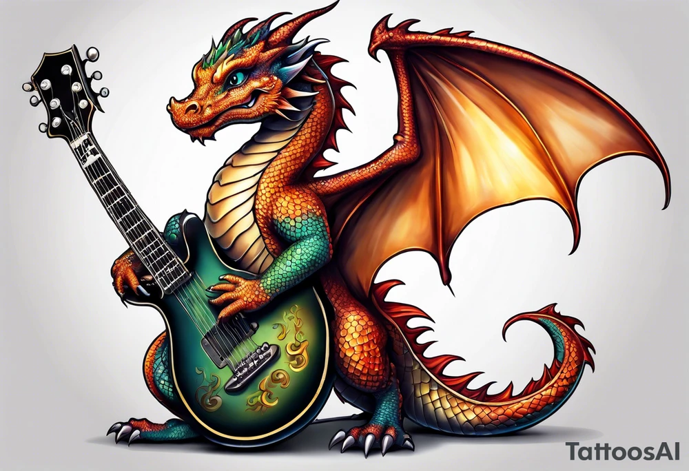 baby dragon with guitar tattoo idea
