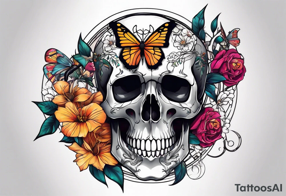 Skull tattoo with a scorpions, butterflies, and flowers tattoo idea
