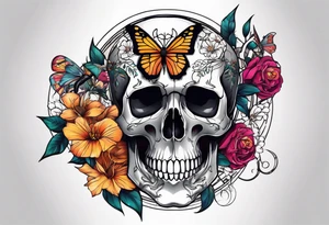 Skull tattoo with a scorpions, butterflies, and flowers tattoo idea